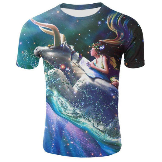 Camiseta con estampado 3D de chica en azul galaxia para hombre, traje informal creativo negro para pareja, camisetas sueltas de manga corta con cuello redondo unisex de poliéster 