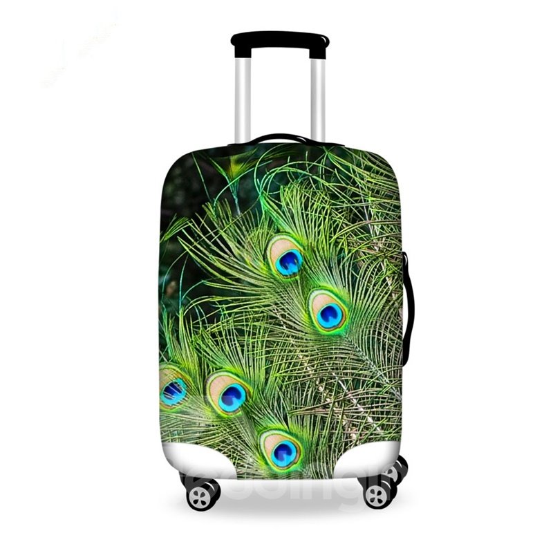 Cubierta de equipaje pintada en 3D con patrón de plumas de pavo real vívidas 