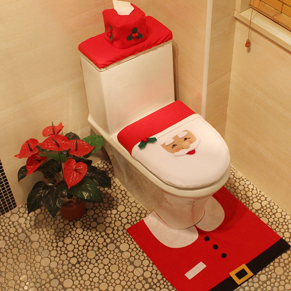 Christmas Santa Claus Pattern Red 3-Piece Toilet Seat Cover and Rug Sets Eco-Friendly Cloth