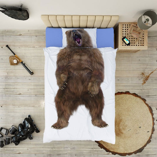 Flame Brown Bear 4-Piece Duvet Cover Set 3D Animal Print Bedding Wear-resistant Breathable High Quality 60s Cotton Satin Soft Comfortable