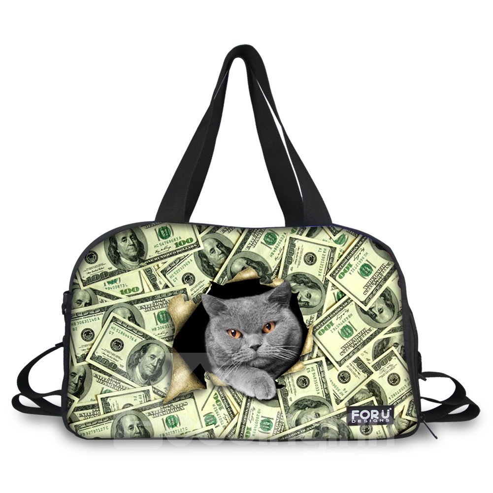 Cat with Money Pattern Nylon Large Capacity Shoulder 3D Travel Bags