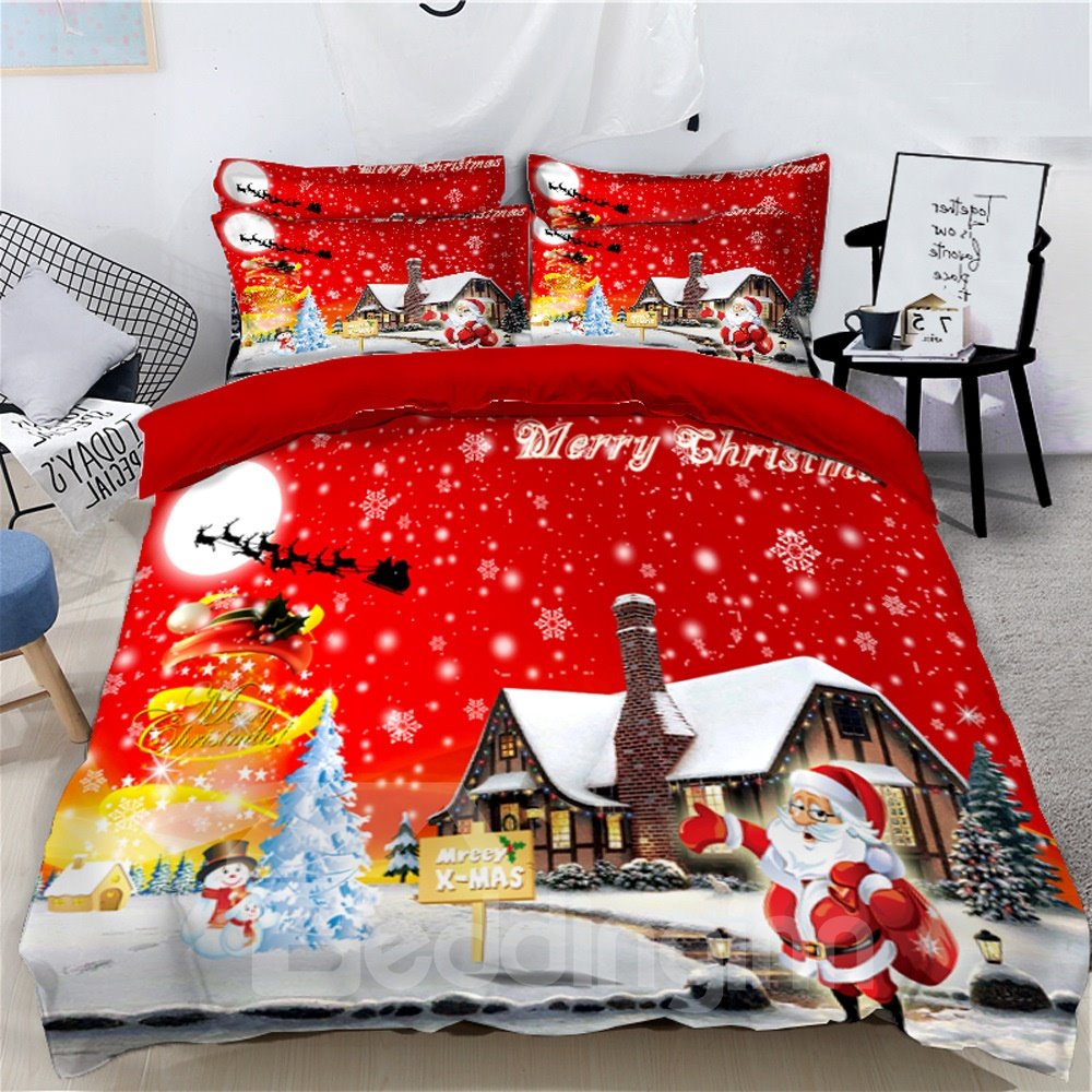 Papá Noel con regalos impresos en 3D juegos de cama/fundas nórdicas navideñas de 4 piezas
