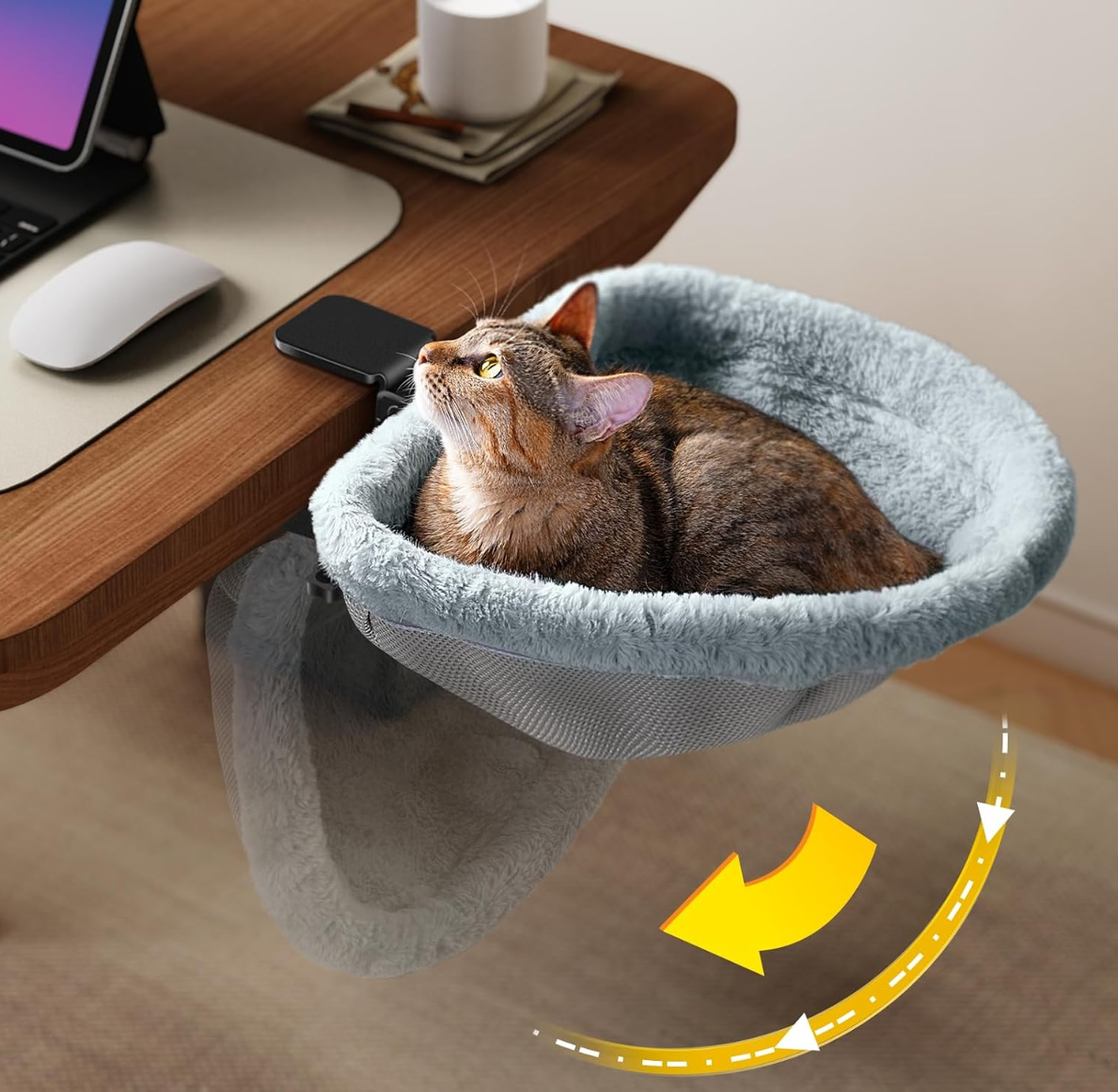 JUNSPOW Cat Desk Bed - One-Click Folding,Sunken Design & Space-Saving Semi-Circular Cat Bed, Soft Faux Rabbit Fur Material, Suitable for Various Desktops-Maximum Hold Up to 40lb