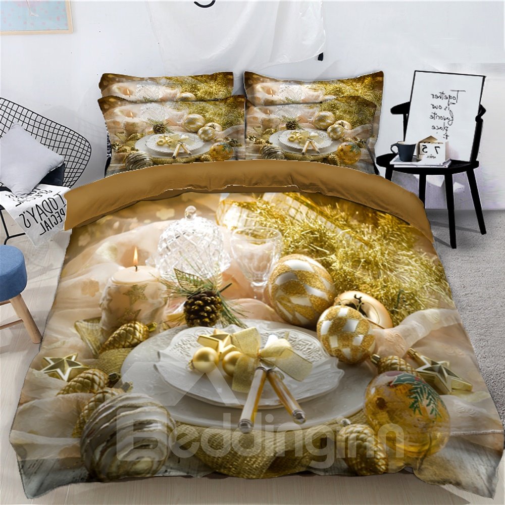 Golden Decorative Ball 4-Piece 3D Christmas Bedding Sets/Duvet Covers