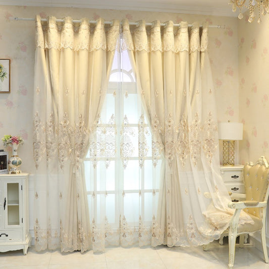 Conjuntos de cortinas de ventana europeas de alta gama, cortina opaca con bordado beige para decoración de sala de estar y dormitorio, sin pelusas, sin decoloración, sin forro 