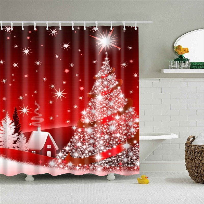 Red 3D Christmas Shower Curtain Glowing Christmas Tree Bathroom Partition Curtain Durable Waterproof Mildew Proof Polyester