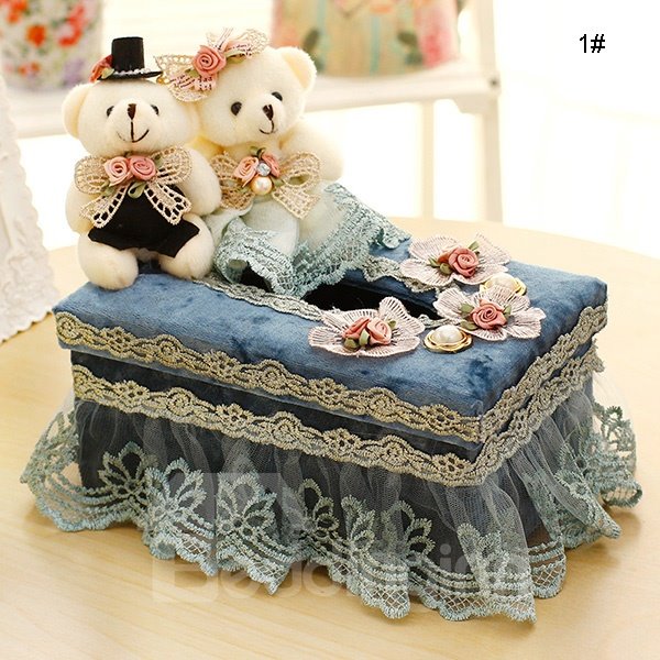 Wonderful Laced Fabric Bear Dolls Tissue Box Desktop Decoration