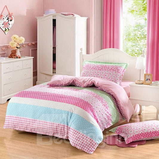 Stripes and Flowers Pattern Purified Cotton Casual Style 3-Piece Pink Kids Duvet Covers/Bedding Sets