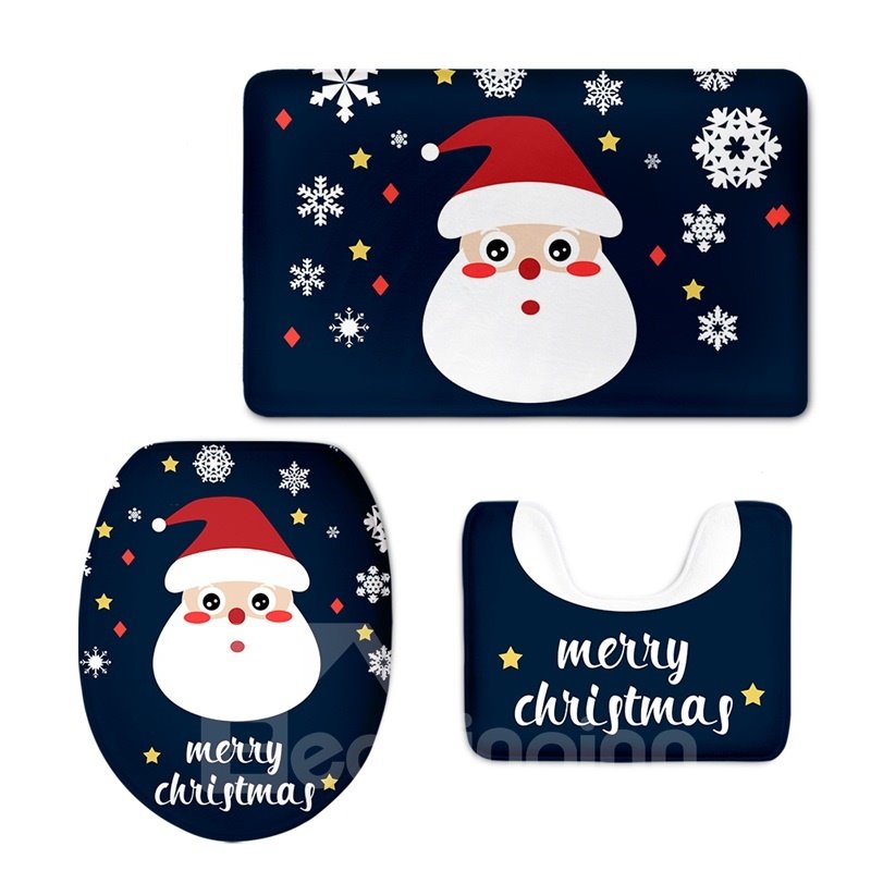 Christmas Father Head Pattern Flannel PVC Soft and Anti-slid Blue Toilet Seat Covers