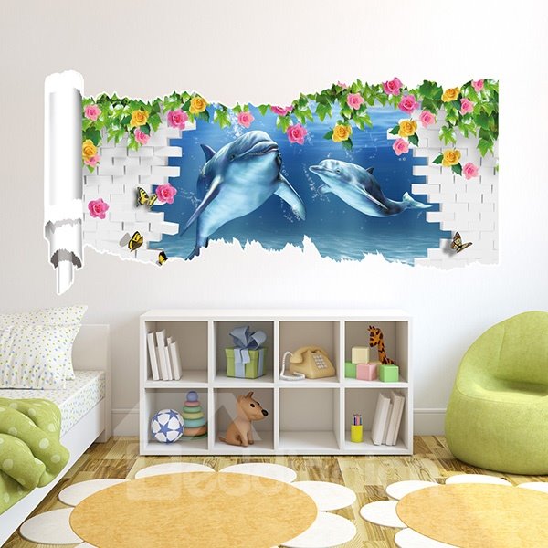 New Arrival Cute Dolphins and Flowers 3D Wall Stickers