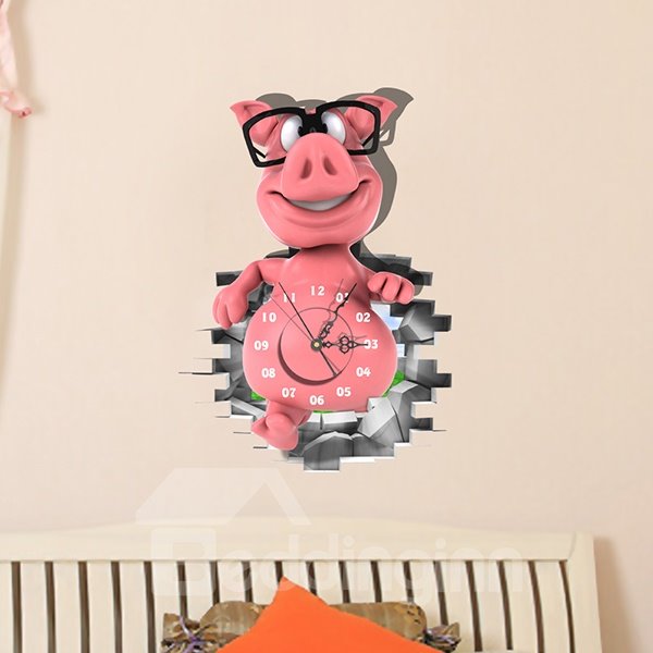 Cute Piglet with Glasses 3D Sticker Wall Clock