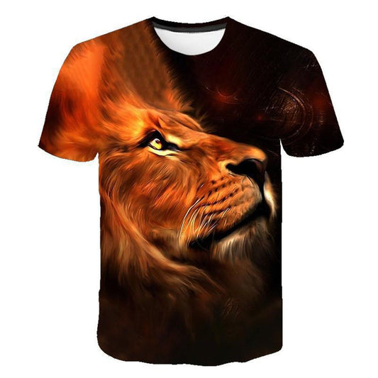 Black 3D Animal Print Lion Men's T-shirt Black Creative Casual Couple Outfit Unisex Short Sleeve Round Neck Loose T-shirts Polyester