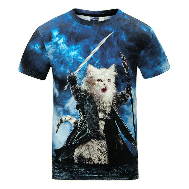 Atractiva camiseta pintada en 3D con estampado de gato mago y cuello redondo