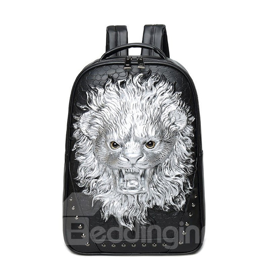 Mochila escolar informal duradera de cuero PU 3D con cabeza de rugido de león