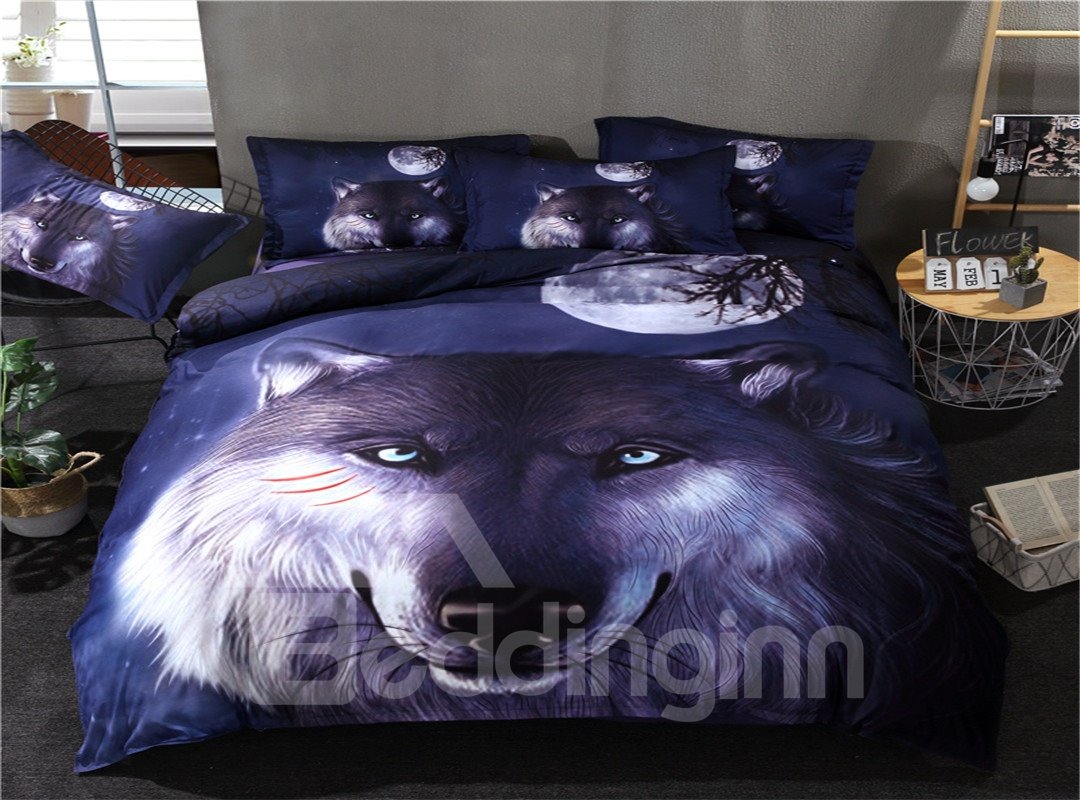 3-teilige dunkelblaue Bettwäsche-Sets/Bettbezüge aus 3D-Wolf-bedrucktem Polyester