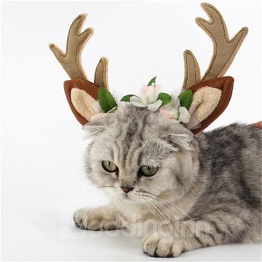 Dog Headband Costume with Flowers Holiday Christmas Reindeer Antlers Ears Wearable