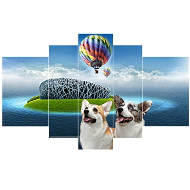 Hunde und Fallschirm am See hängende 5-teilige Leinwanddrucke, umweltfreundliche und wasserdichte, nicht gerahmte Drucke