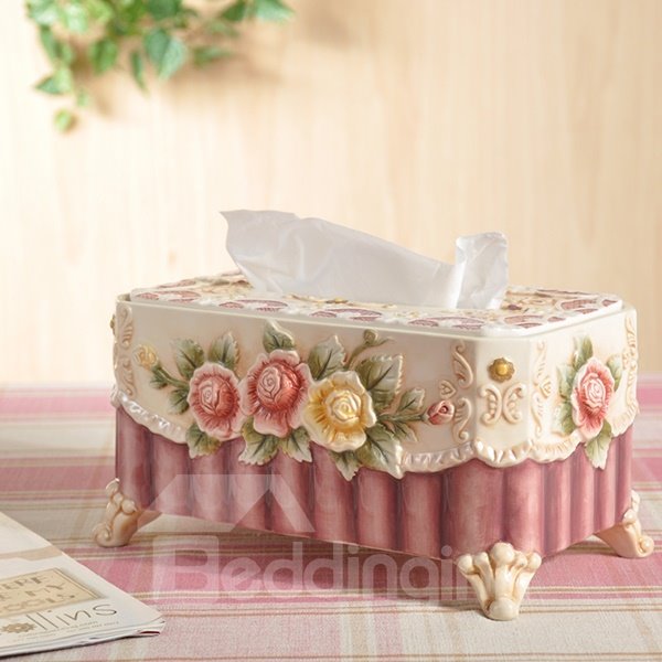 Simple Style Roses Pattern Tissue Box Painted Pottery