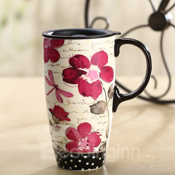 Taza de café de viaje con tapa sellada versátil de cerámica con estampado de flores magnífico