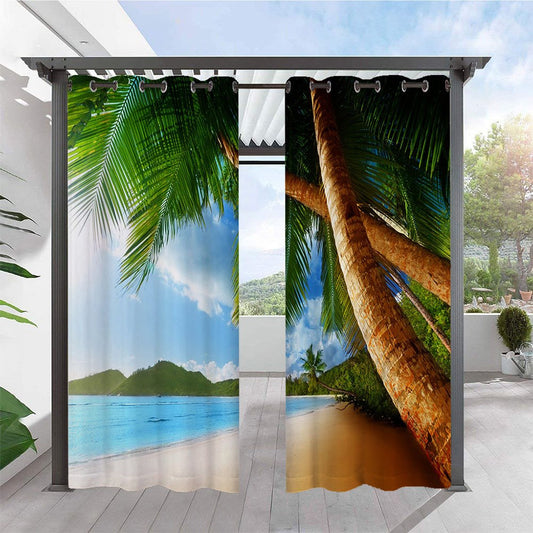 Cortinas modernas de paisaje 3D para exteriores, árbol de coco marino, cabaña sólida con ojales, cortina superior impermeable, a prueba de sol, aislamiento térmico, 2 paneles 