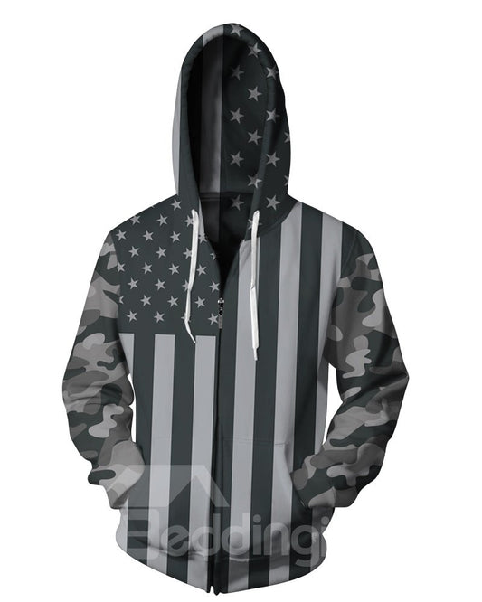 3D Black American Flag Print Cool Hoodies Pockets Zipper Jacket