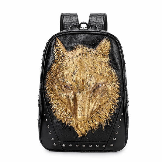 Ladies 3D Wolf Rivet Punk Backpacks PU Leather Waterproof Handbag
