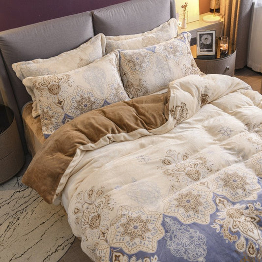 Europäisches, elegantes, 4-teiliges Shaggy-Bettwäsche-Set/Bettbezug-Set, Korallen-Fleece, flauschig, weich, warm, flauschig