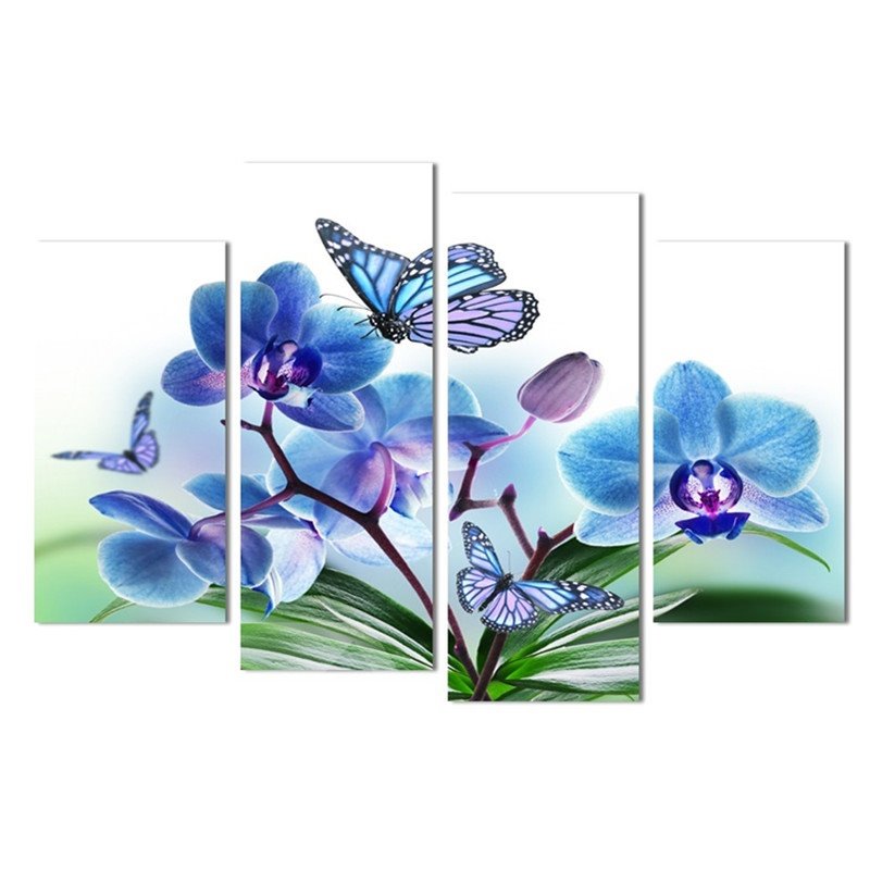Blue Flowers and Butterflies Hanging 4-Piece Canvas Non-framed Waterproof and Environmental Wall Prints
