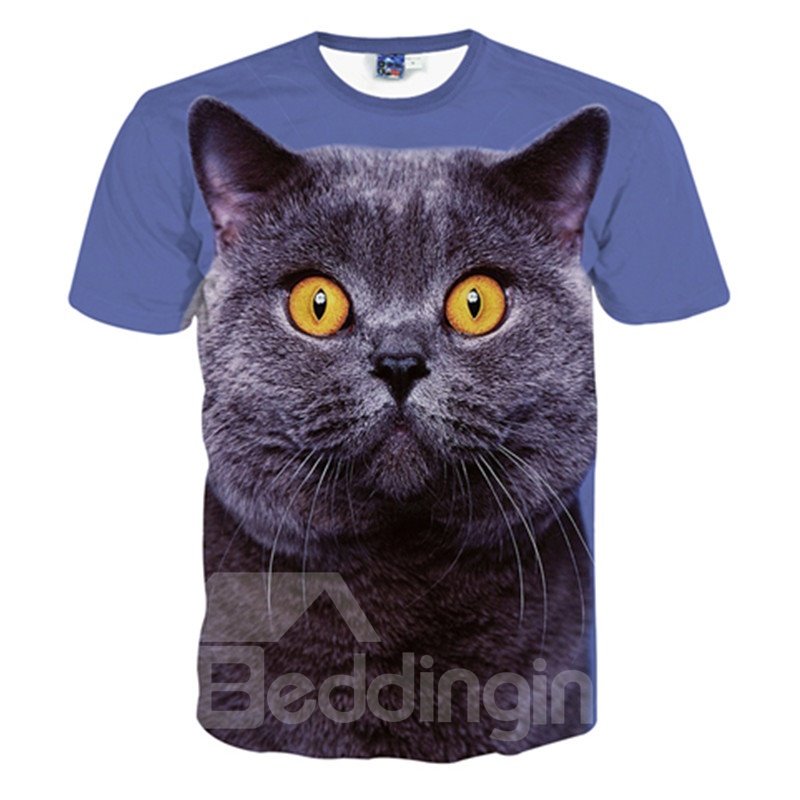 Camiseta adorable con estampado 3D y cuello redondo de manga corta con cara de gato