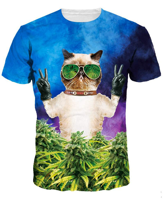 Camiseta moderna pintada en 3D con cuello redondo y diseño de gato con gafas 