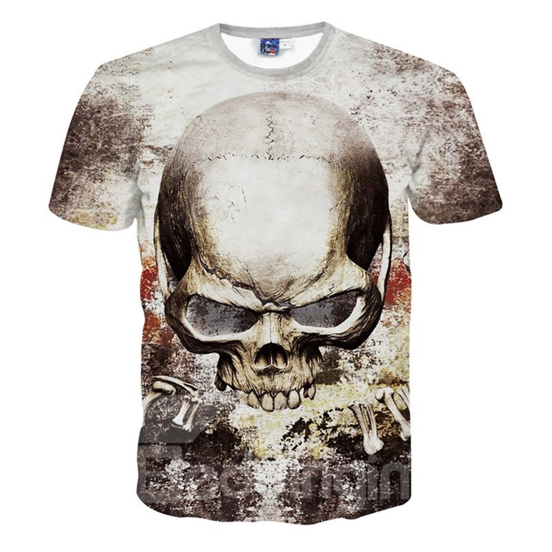 Cooles Rundhals-T-Shirt mit Totenkopfmuster und 3D-Bemalung