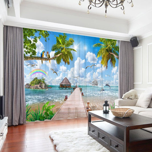 Modern Sea Scenery Coconut Trees 3D Print Decoration 2 Panels Sheer Curtains for Living Room 30% Shading Rate No Pilling No Fading No off-lining