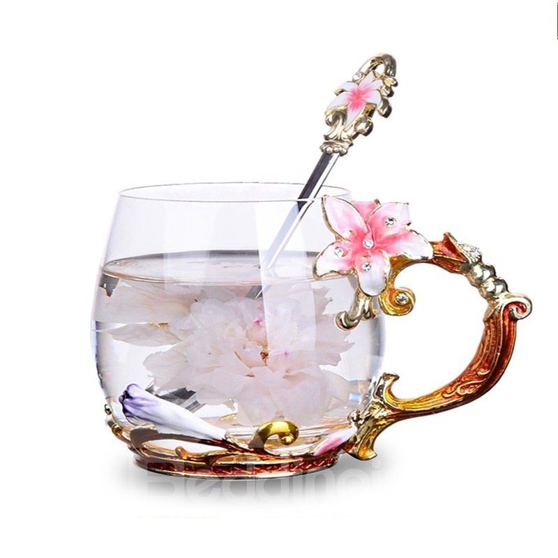 Modern and Fashion Style Creative Birthday Gift Pink Lily Flowers Crystal Enamel Cups