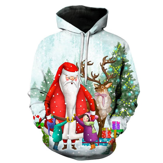 Santa Elk Design 3D Sweatshirt for Women and Men Pullover Christmas Printed Long Sleeve Hoodie Sweatshirt Ugly Blouse Tops