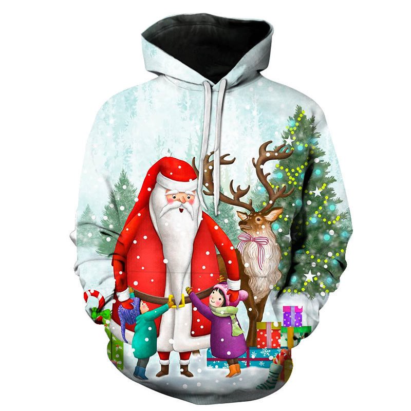 Santa Elk Design 3D-Sweatshirt für Damen und Herren, Pullover, weihnachtlich bedruckt, langärmelig, Kapuzenpullover, hässliche Blusenoberteile 