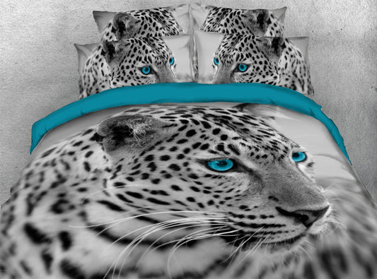 3D Leopard 4-piece Duvet Cover Set Animal Print Bedding Zipper Duvet Cover with Non-slip Ties Durable No-fading