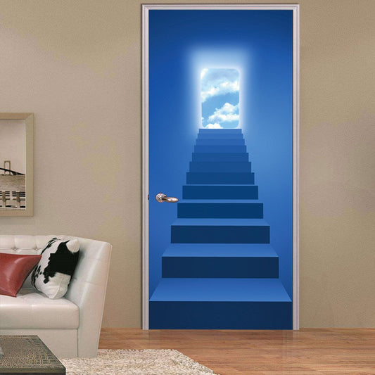 Patrón de escalera azul mural de puerta 3D ambiental e impermeable de PVC de 30 × 79 pulgadas 