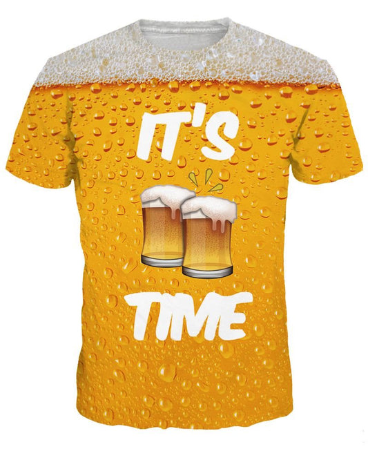 Summer Beer Pattern Happy Hour Round Neck 3D Painted T-Shirt for Men&Women