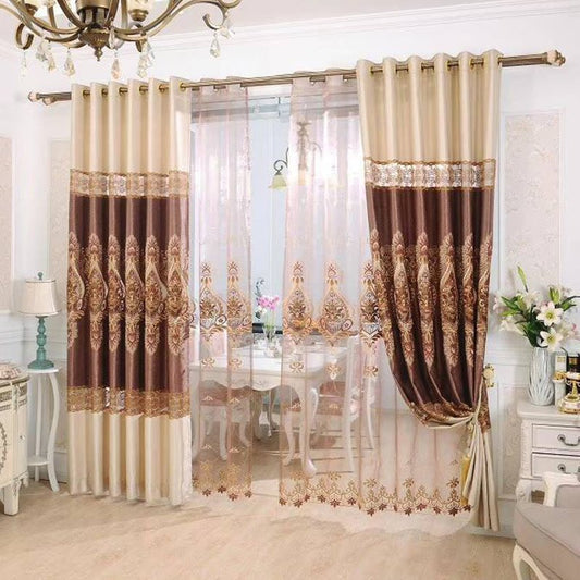 Cortinas transparentes bordadas elegantes para sala de estar, 2 paneles personalizados, cortinas doradas, sin pelusas, sin decoloración, sin forro