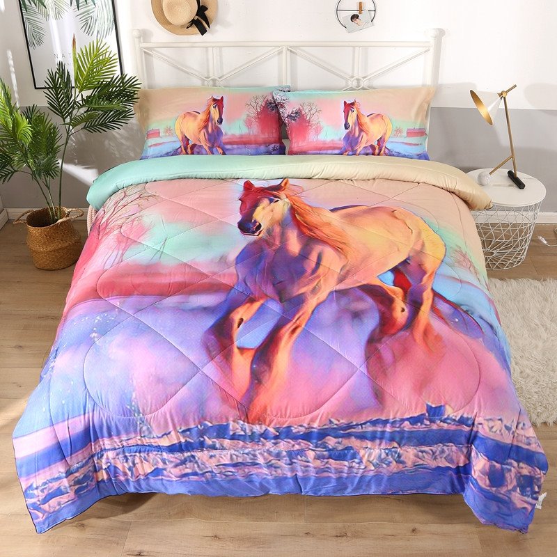 US Only Juego de edredón de caballo 3D para niñas, juego de cama de 3 piezas, edredón rosa morado con nieve blanca y estampado de casa de granja, ultra suave, ligero durante todo el año, 1 edredón y 2 fundas de almohada 