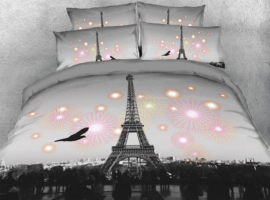 3D Eiffelturm 5-teiliges Landschafts-Bettdeckenset mit Reißverschluss und Bändern, farbecht, verschleißfest, hautfreundlich, graue Bettwäsche-Sets 
