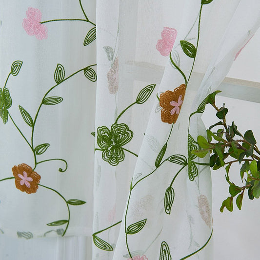 Pastoral Floral Embroidery Window Valance Decorative 1 Pc Sheer Voile Short Curtain for Kitchens Bathrooms Basements & More