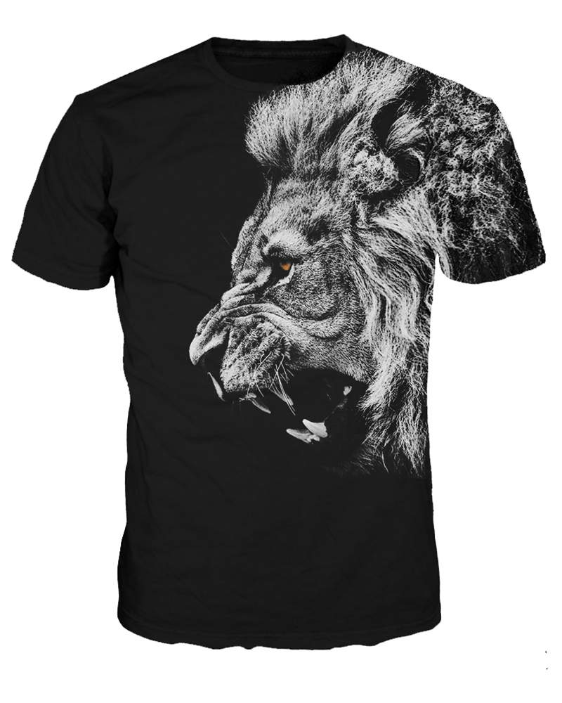 Super cooles schwarzes 3D-bemaltes T-Shirt mit Rundhalsausschnitt und Löwenmuster