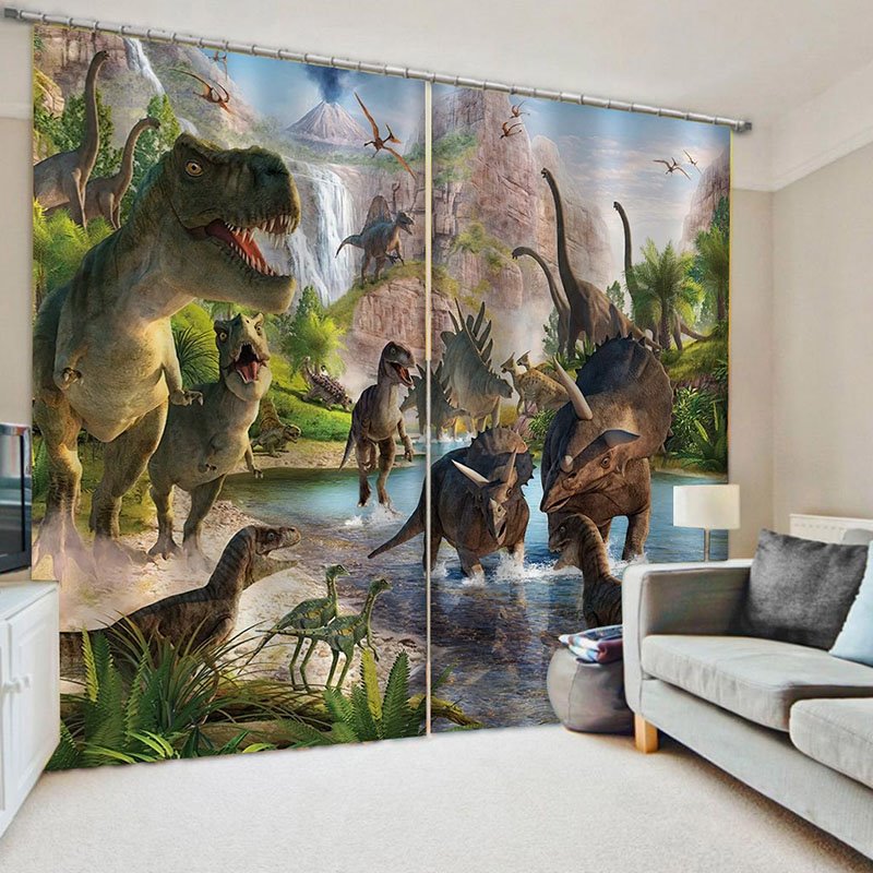 Dinosaur Blackout Curtains 3D Window Treatments Animal and Plant Print Curtains Panels for Living Room Bedroom Window Drapes 2 Panels Set Home Decorations