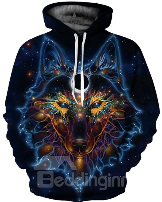 Spezieller, langärmliger, farbenfroher Wolfsmuster-Kapuzenpullover mit 3D-Bemalung