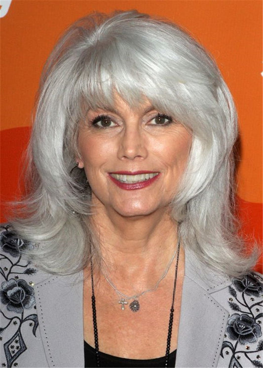 Pelucas de pelo sintético ondulado con peinado Bob gris largo para mujer con flequillo sin tapa 130% pelucas de 16 pulgadas 