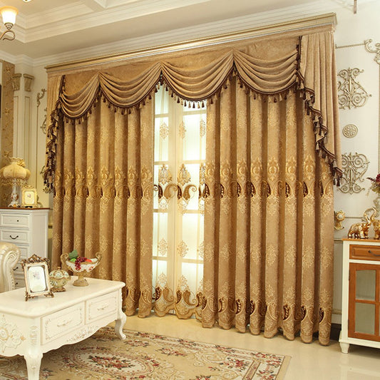 European Luxury Chenille Embroidered Shading Curtains Coffee Blackout Curtain for Living Room Bedroom Custom 2 Panels Drapes No Pilling No Fading No off-lining