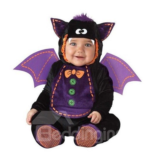 Disfraz de bebé negro y morado de poliéster con decoración de columpios en forma de murciélago