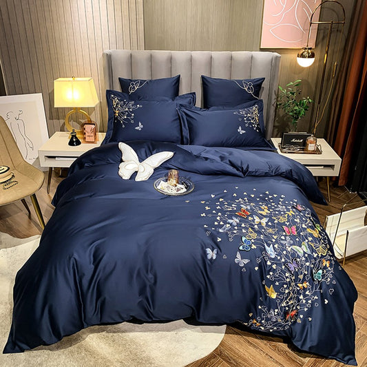 Blue High-end 4 PCS Duvet Cover Set Butterfly Royal Embroidery Luxury Bedding Set 1 Duvet Cover 1 Flat Sheet 2 Pillowcases Soft Comfortable Durable