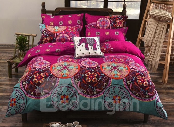 Queen Size Bohemian Style Elephant Pattern 4-Piece Polyester Bedding Sets/Duvet Cover